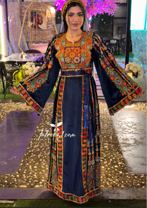 Blue Silk Light Velvet Traditional Embroidered Thoub With Matching Headpiece