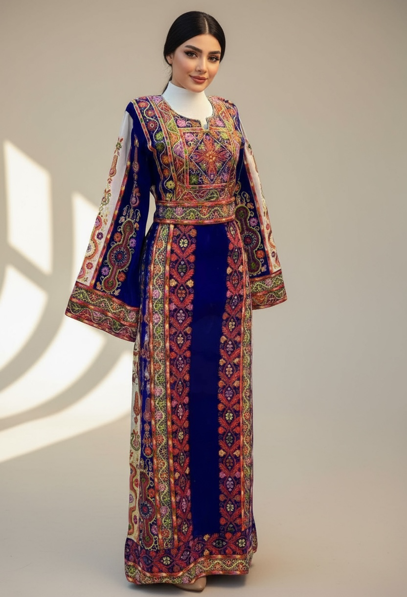 Blue Malacca Silk Velvet Stone Embroidery Thoub