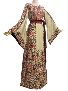 Beige Thobe with Rose Pattern Embroidery