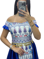 Load image into Gallery viewer, Blue Dress Off Shoulder Embroidered long Overskirt
