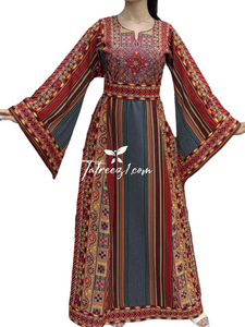 Gray Multicolor Majdalway Embroidered Palestinian Fellahi Thobe