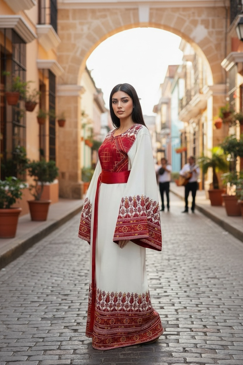 Stunning White Thoub Red Embroidered Palestinian Thobe