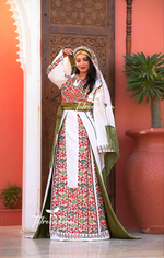 Load image into Gallery viewer, White Stunning Thoub with Floral Green Embroidery and Overskirt.
