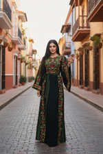 Load image into Gallery viewer, Green Covered in elegant floral Embroidered Palestinian Thobe
