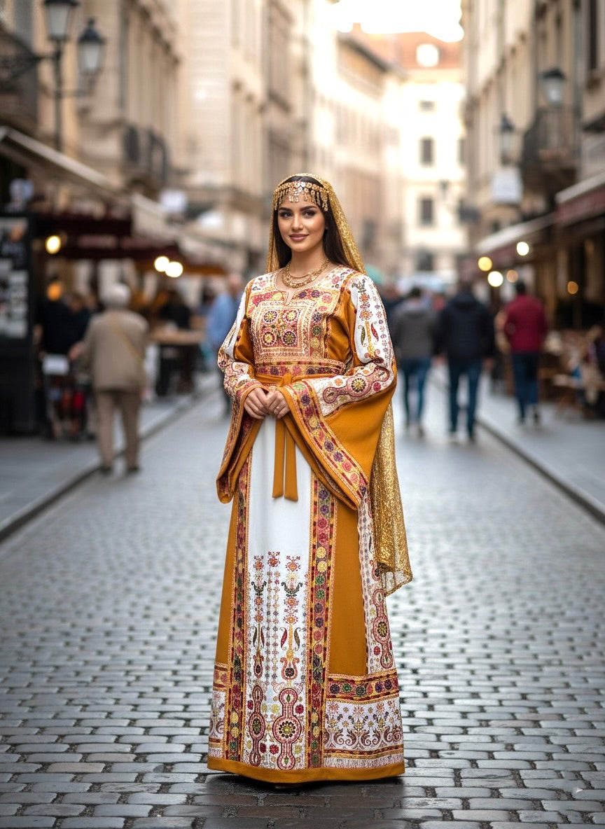 Yellow & White  Palestinian Tatreez Thobe Heritage Elegance Embroidered Dress