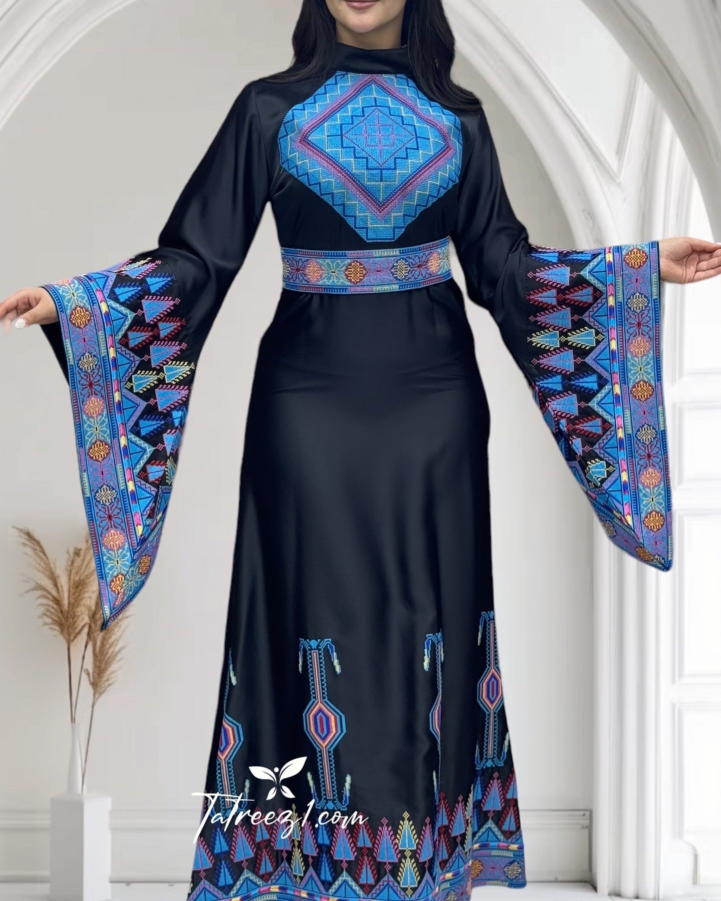 Multicolor Blue Tatreez Elegant Embroidered Dress Wide Sleeve