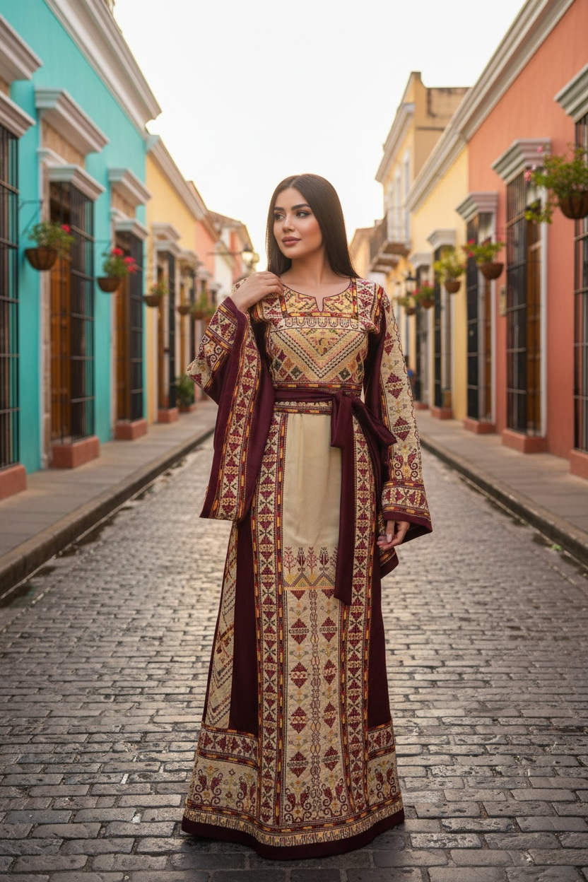 Beige Color thoub Maroon Embroidered Palestinian Fellahi Thobe With Belt