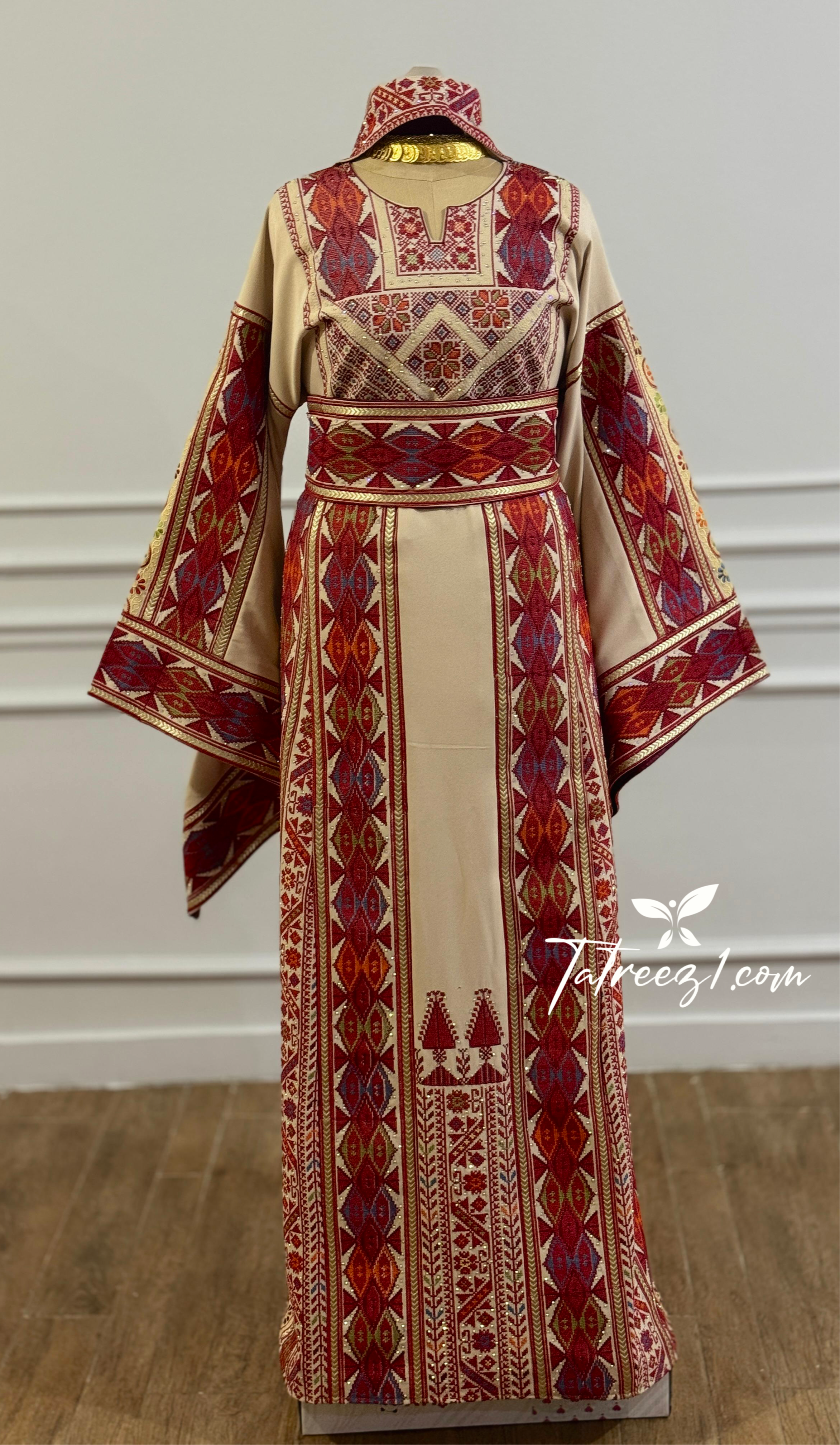Traditional Palestinian Beige Thobe with Embroidery – Machine Made with Matching Head Scarf