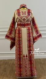 Charger l&#39;image dans la galerie, Traditional Palestinian Beige Thobe with Embroidery – Machine Made with Matching Head Scarf
