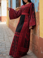 Load image into Gallery viewer, Red &amp; Black Color thoub Embroidered Palestinian Fellahi Thobe With Belt
