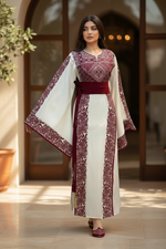Load image into Gallery viewer, Wide Sleeve Thoub Red Embroidered Palestinian Thobe With Satin Belt
