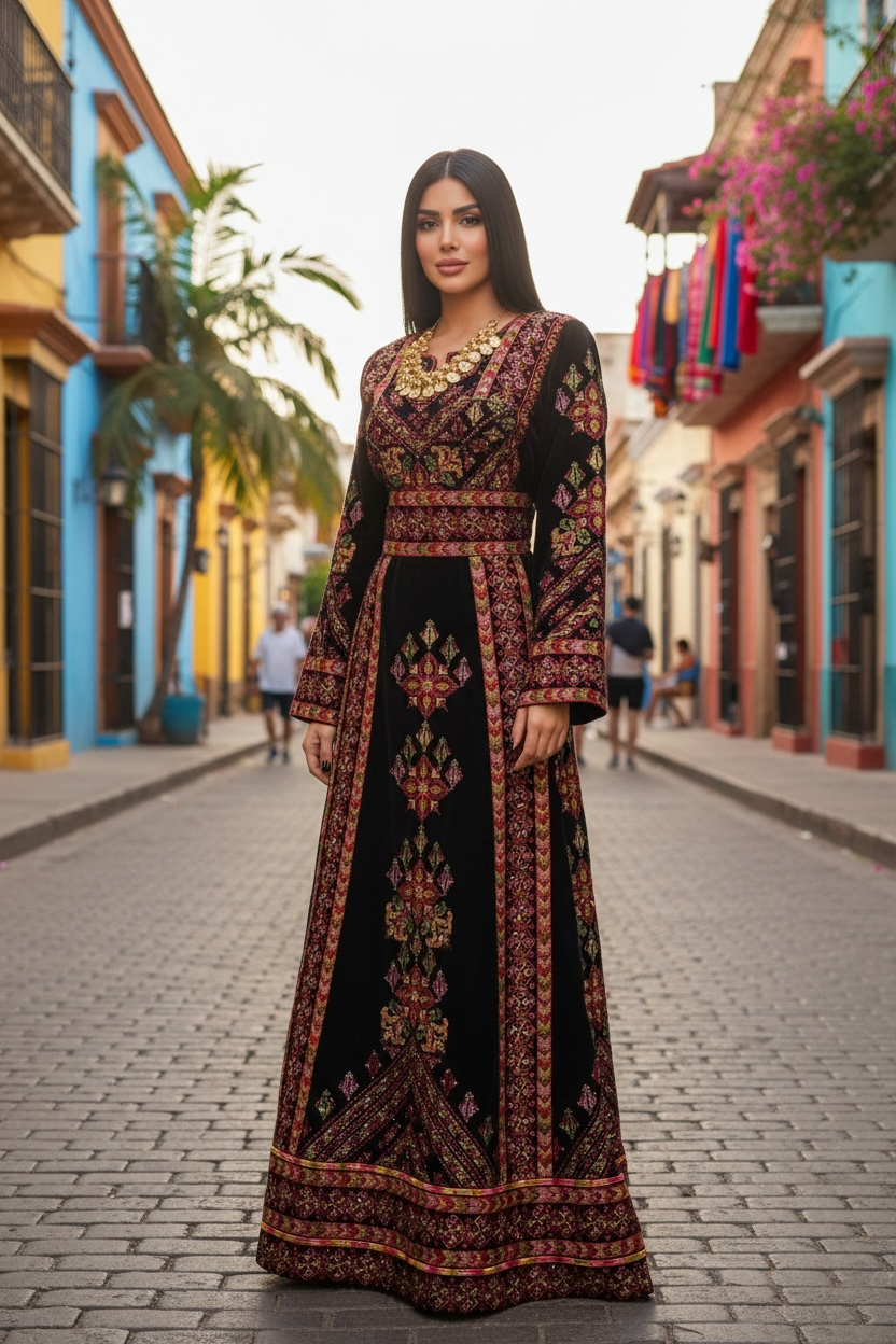 Black Velvet Embroidery Palestinian Fellahi Thobe