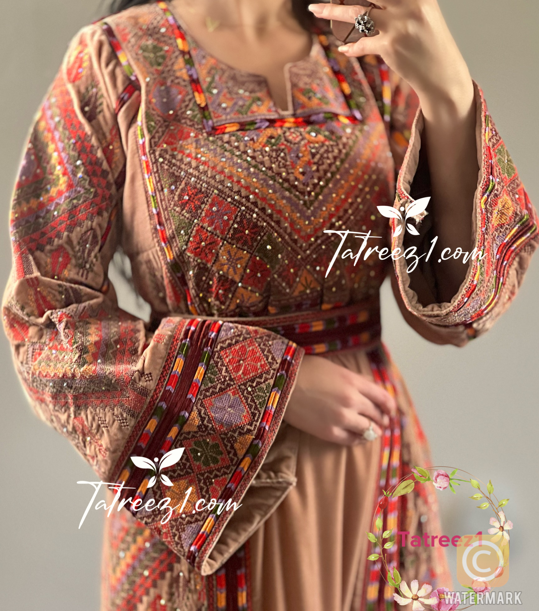 Velvet Brownish Shade Stoned Embroidery Thoub