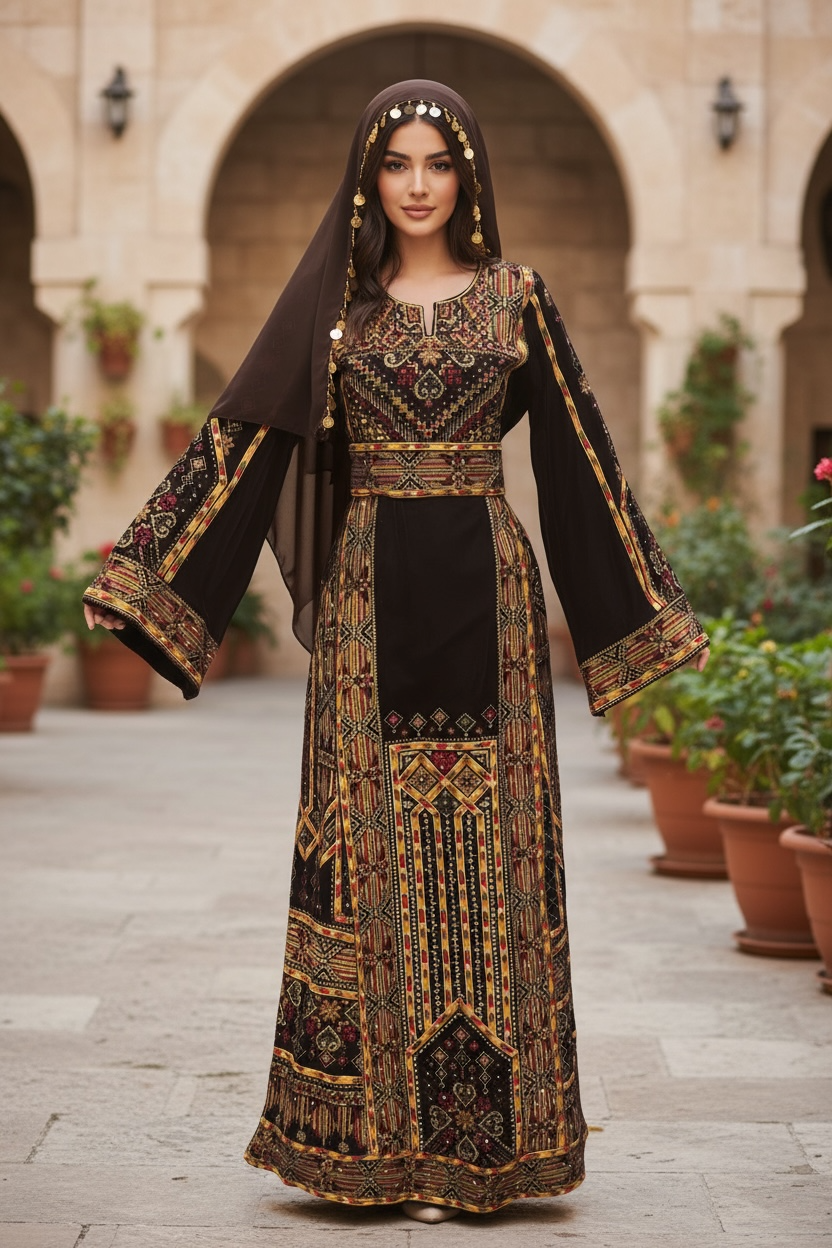 Golden Embroidery Silk Dark Brown Velvet Stone Thobe