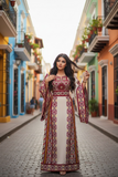 Red Embroidered Palestinian Thobe with Wide Sleeves and Belt