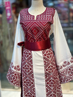 Load image into Gallery viewer, White Thoub Red Embroidered Palestinian Thobe With Reversible Belt
