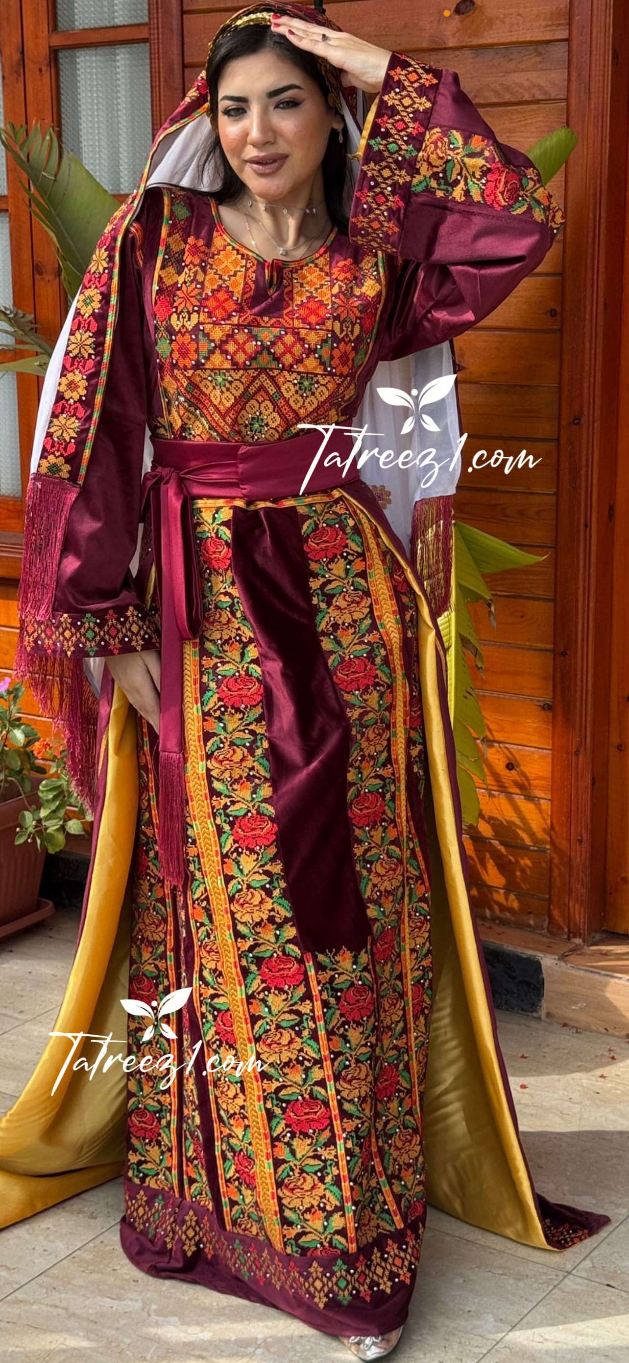 Maroon Malacca Silk Velvet Thoub with Stone Embroidery and Overskirt