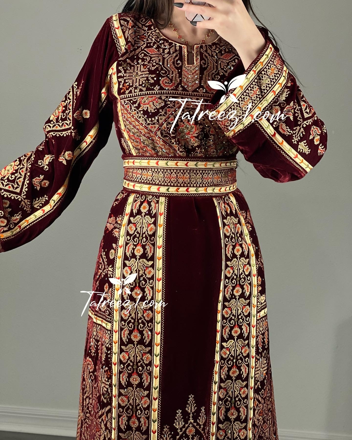 Maroon Gold Embroidery Silk Velvet Stone Thobe