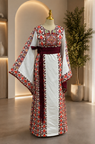Crimson Heritage Palestinian Thobe Set – White Shawl & Reversible Embroidered Belt
