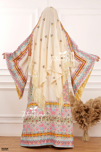 Gorgeous Beige shade, Palestinian Embroidery Traditional Long Thoub come with headpiece and Reversible belt