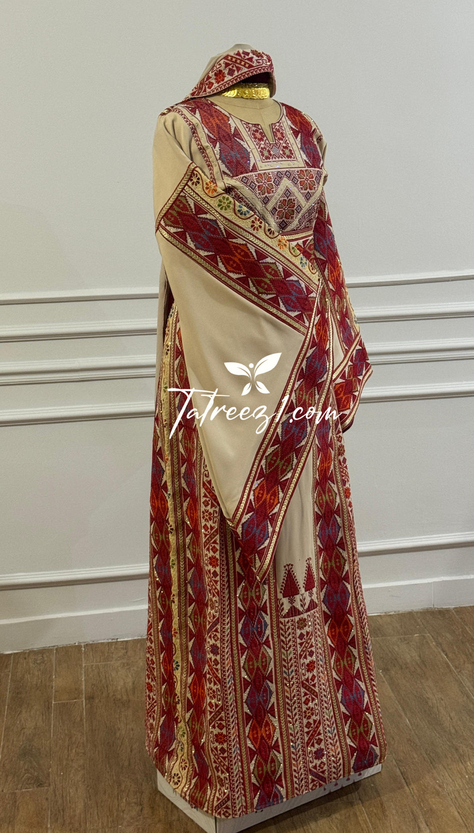 Traditional Palestinian Beige Thobe with Embroidery – Machine Made with Matching Head Scarf