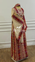 Charger l&#39;image dans la galerie, Traditional Palestinian Beige Thobe with Embroidery – Machine Made with Matching Head Scarf
