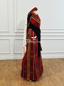 Red & Black Embroidery Traditional Palestinian Thobe Machine Made with Matching Head Scarf