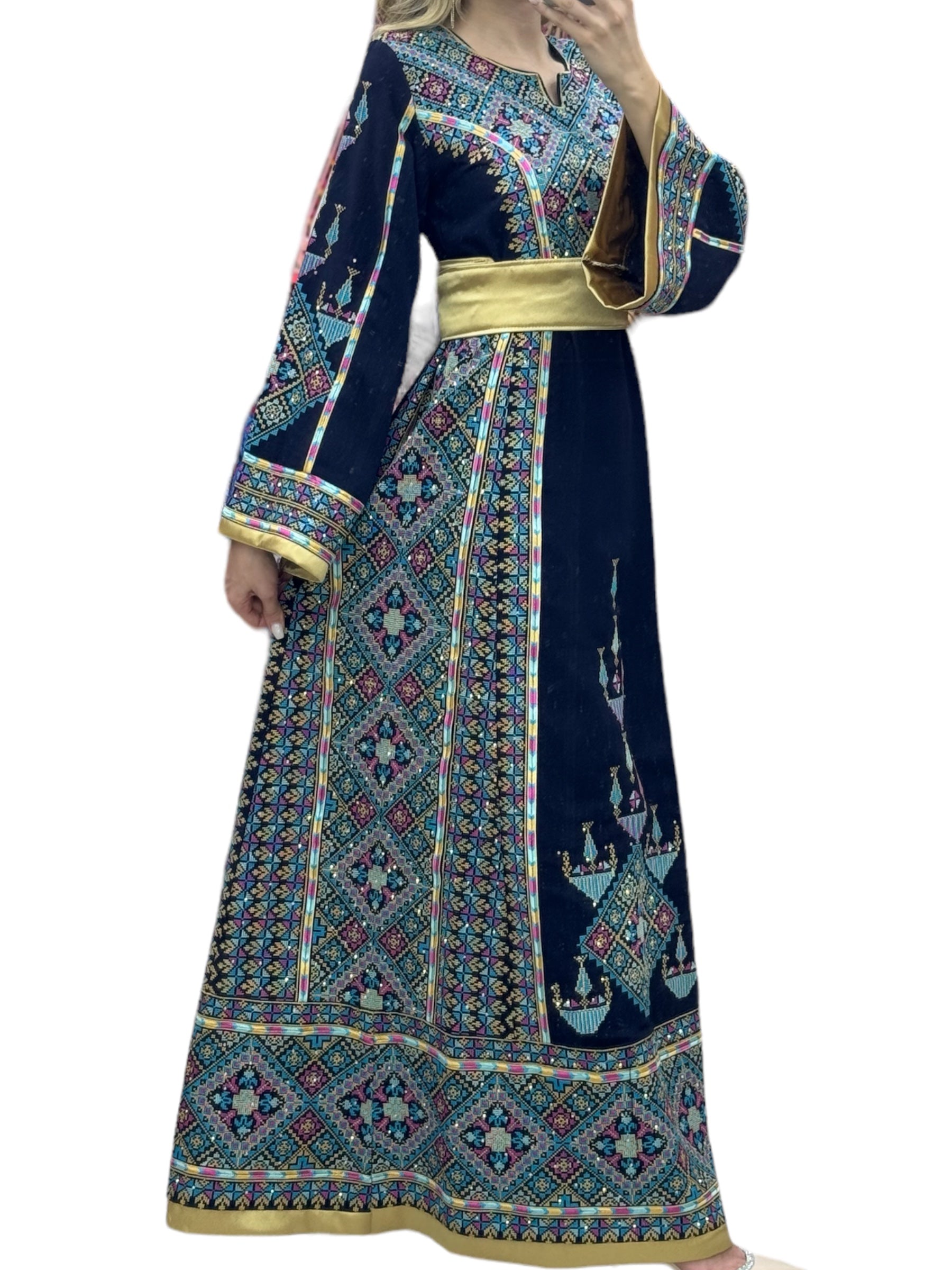 Navy Embroidery Embroidered Palestinian Thobe With Reversible Belt