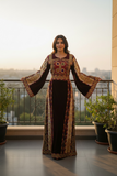 Qasab Maroon Malacca Silk Velvet Thoub with Embroidery and Overskirt