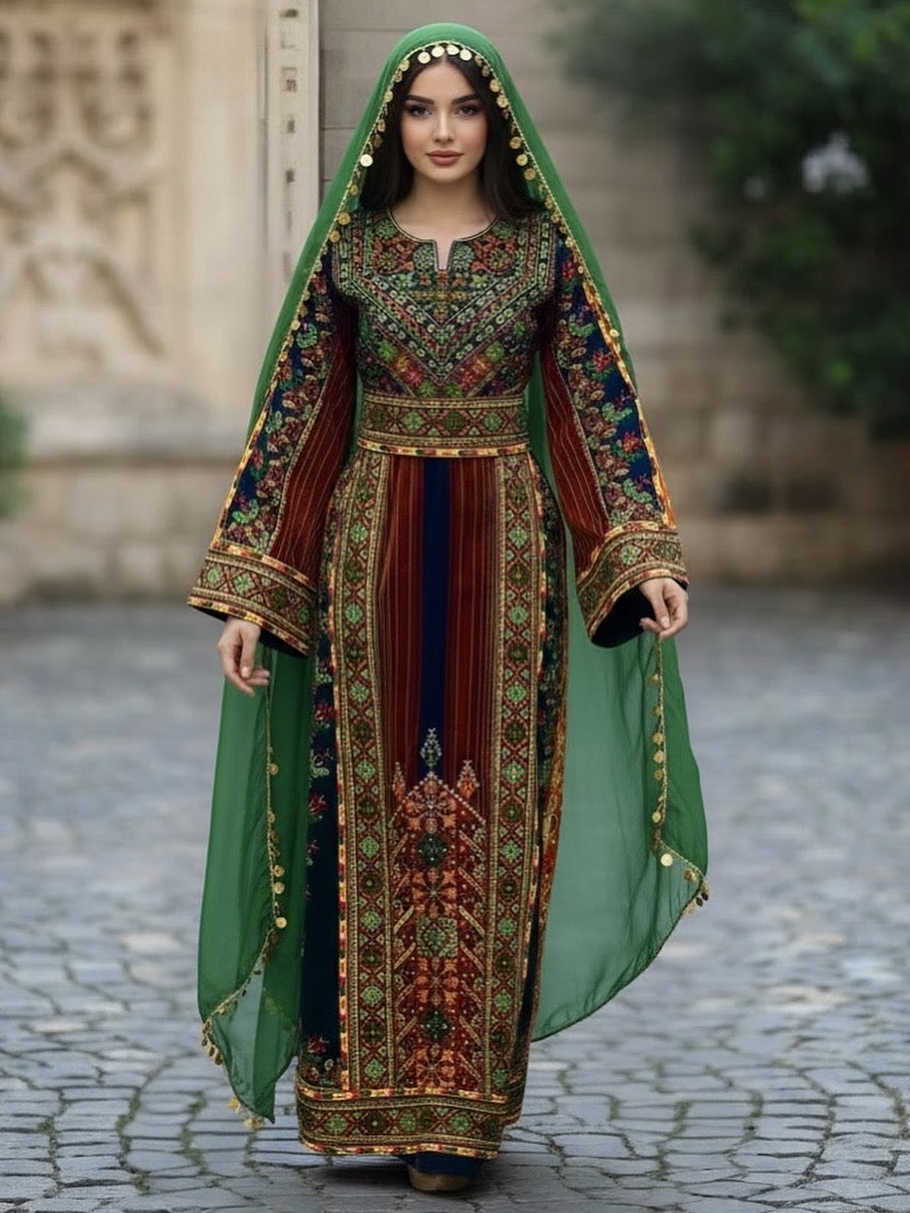 Green Jennah wnar Thoub Embroidery Thoub come with Embroidery Belt