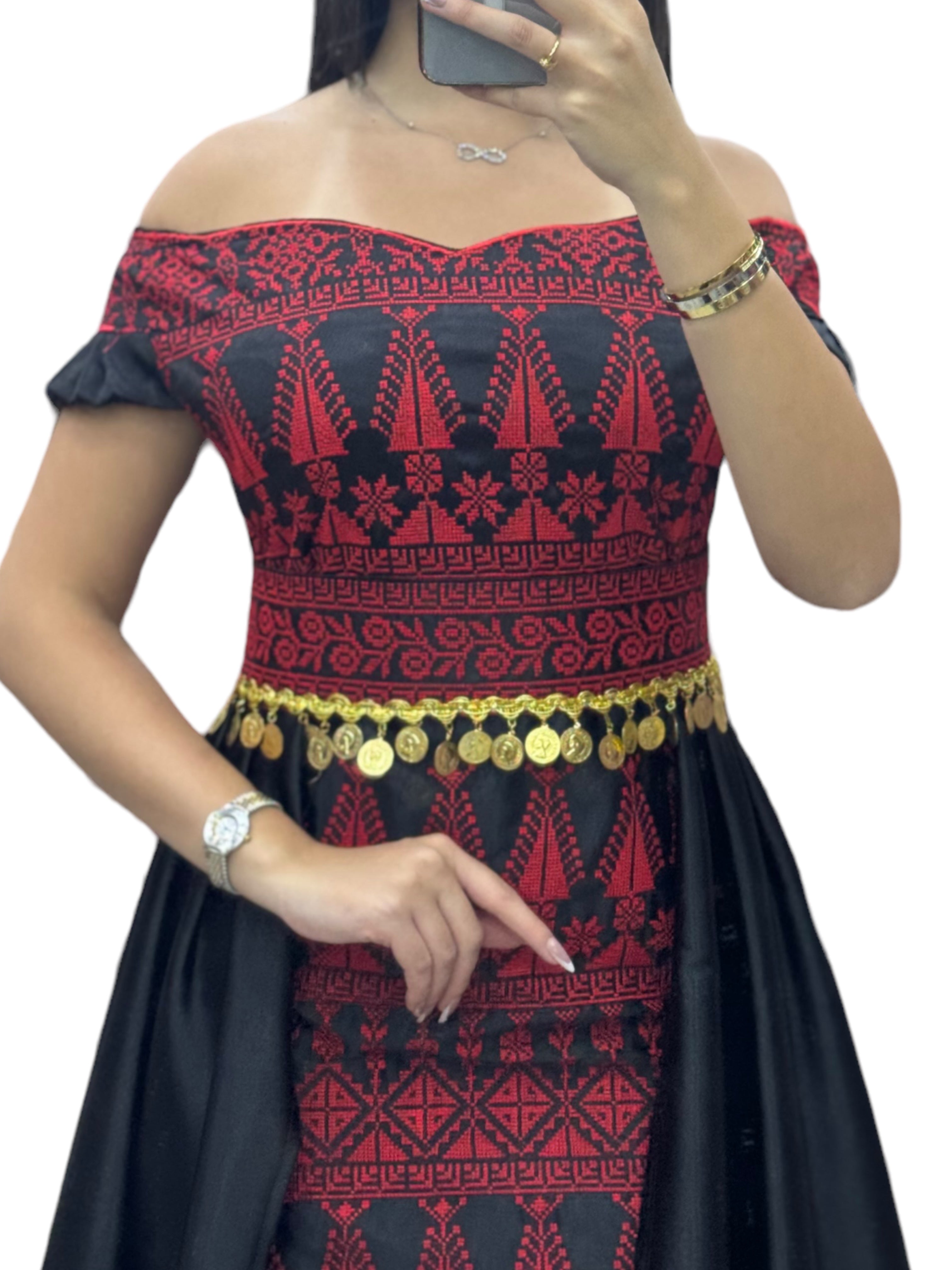 Black /Red Dress Off Shoulder Embroidered long Overskirt