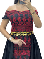 Load image into Gallery viewer, Black /Red Dress Off Shoulder Embroidered long Overskirt
