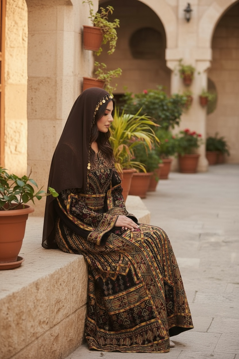 Golden Embroidery Silk Dark Brown Velvet Stone Thobe