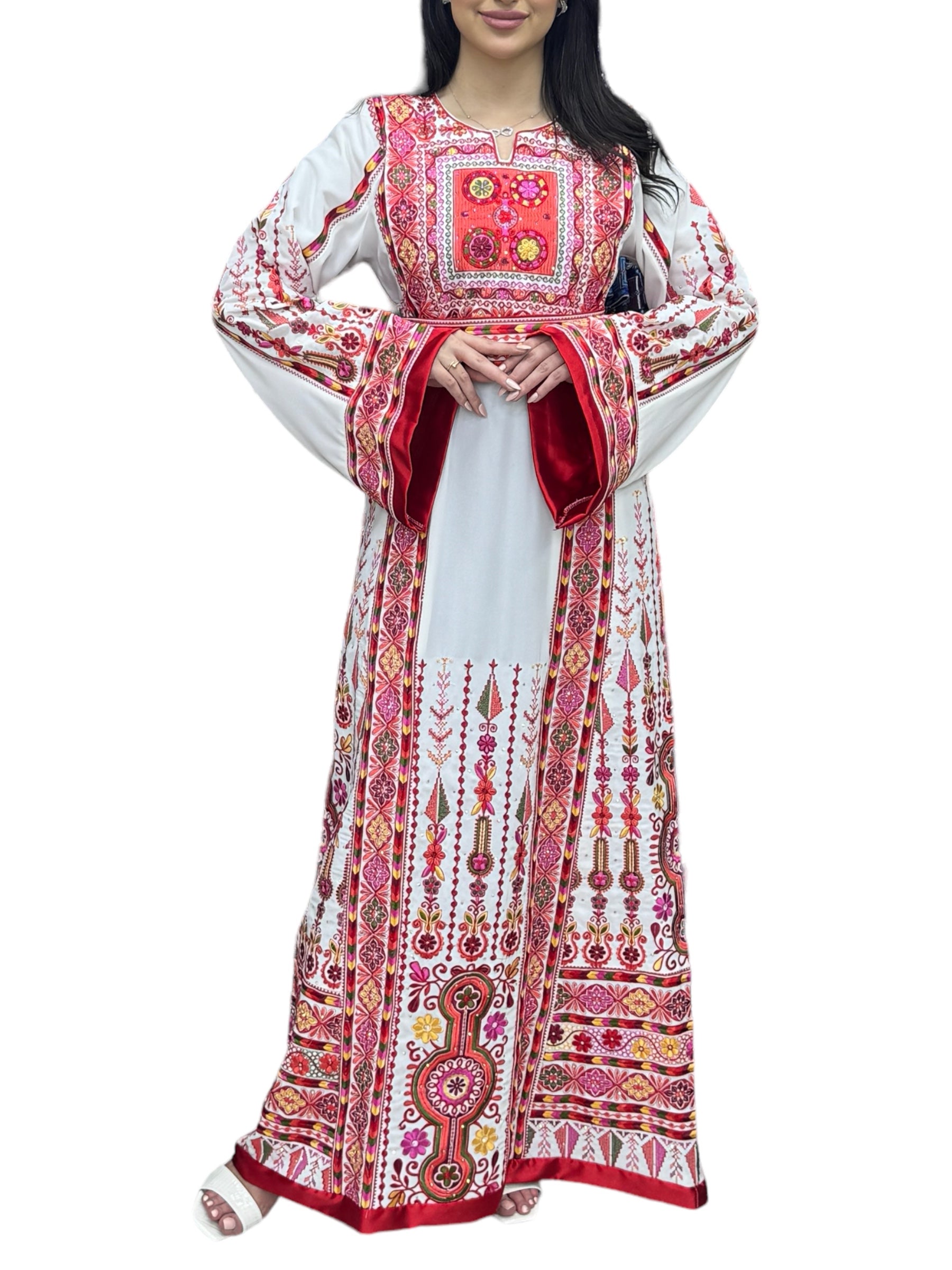 White & Red Embroidered Palestinian Thobe With Reversible Belt