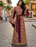Red Fully Embroidered  Thoub Dress with Reversible Belt