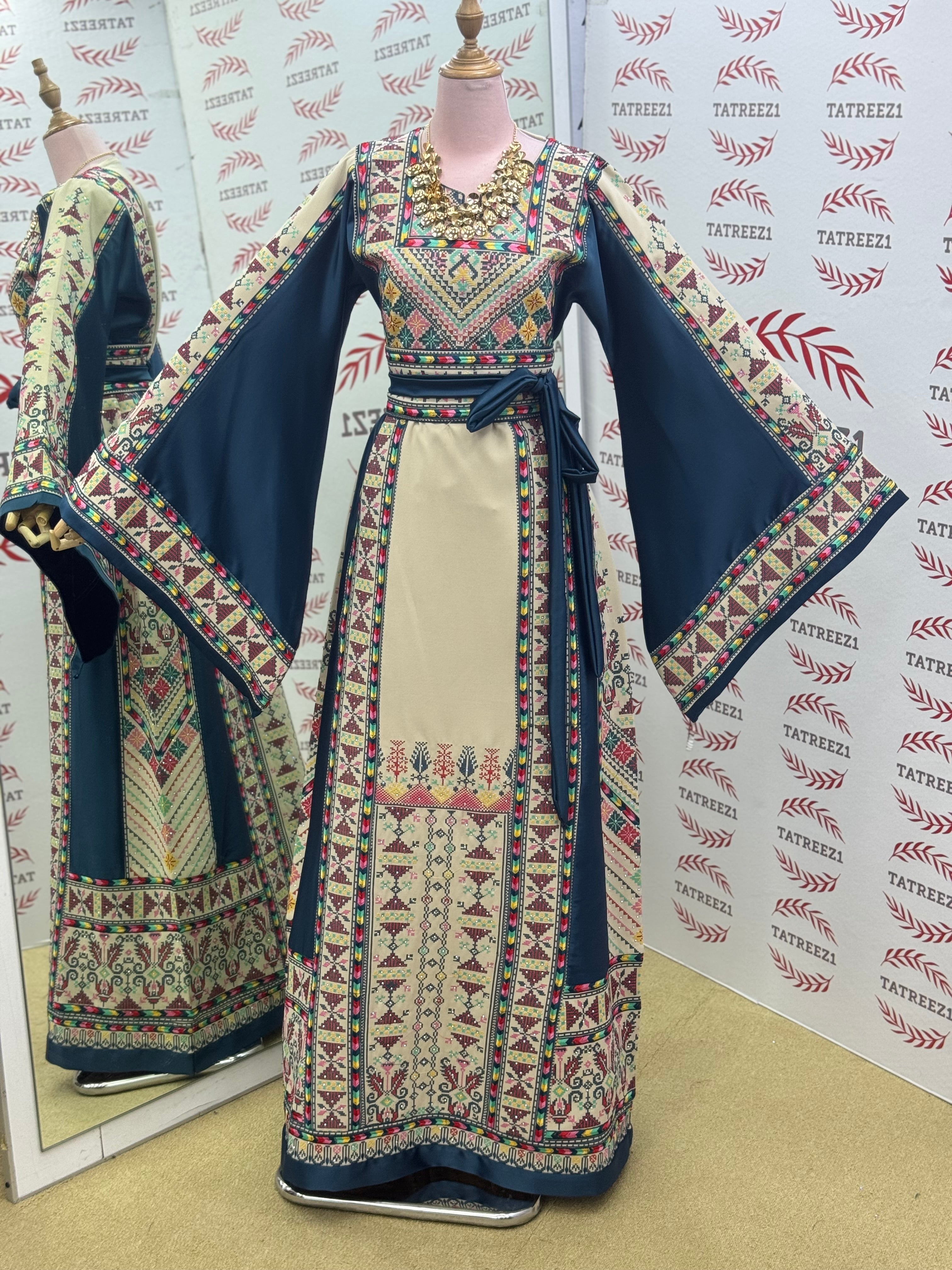 Beige Color thoub Blue Embroidered Palestinian Fellahi Thobe With Belt