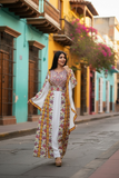 Floral Embroidered Palestinian Thobe with Wide Sleeves and Belt