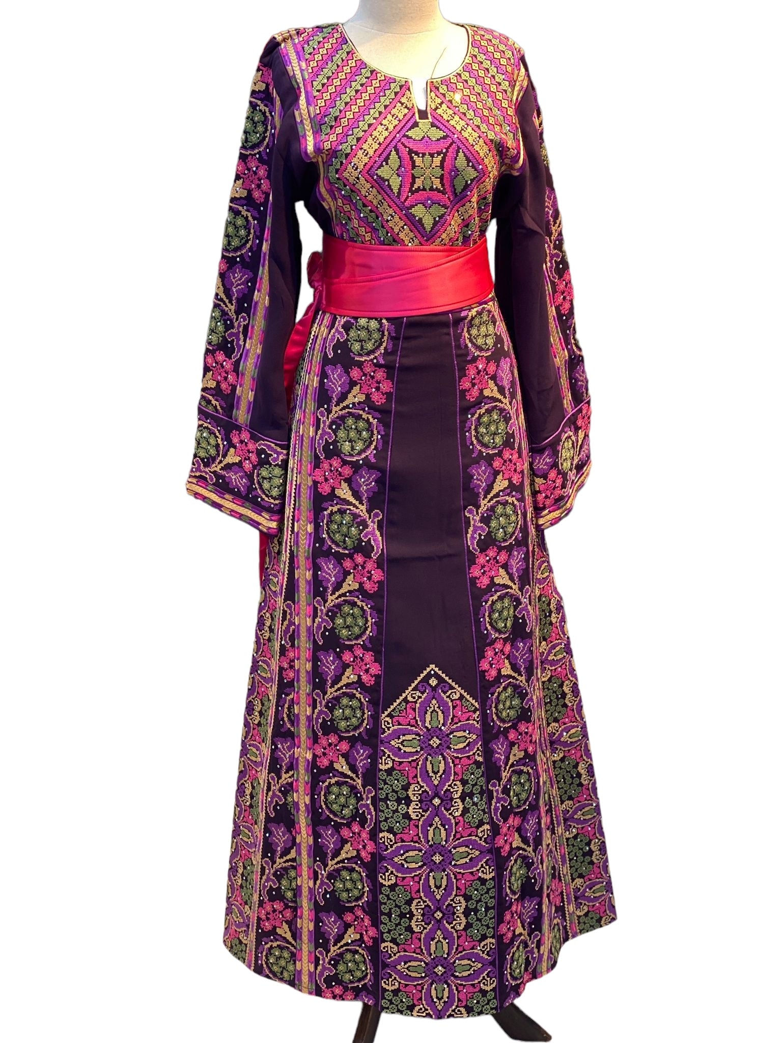 Purple Color Mutli Embroidered Palestinian Fellahi Thobe With Kashmir belt