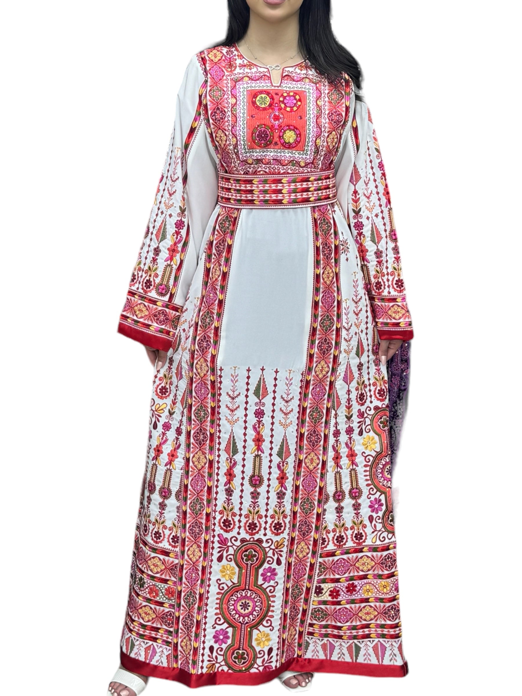 White & Red Embroidered Palestinian Thobe With Reversible Belt