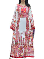 Charger l&#39;image dans la galerie, White &amp; Red Embroidered Palestinian Thobe With Reversible Belt
