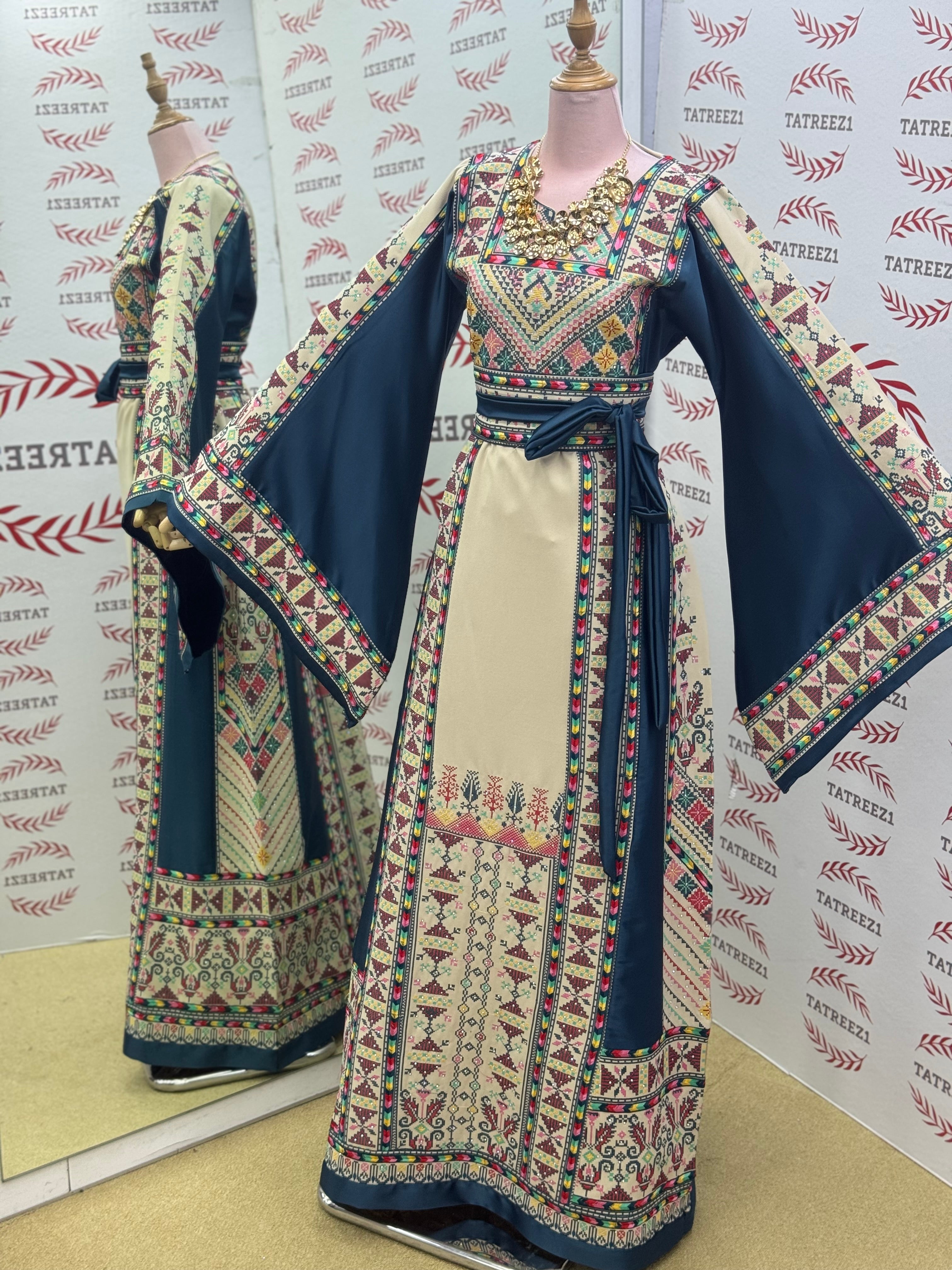 Beige Color thoub Blue Embroidered Palestinian Fellahi Thobe With Belt