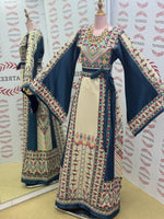 Load image into Gallery viewer, Beige Color thoub Blue Embroidered Palestinian Fellahi Thobe With Belt
