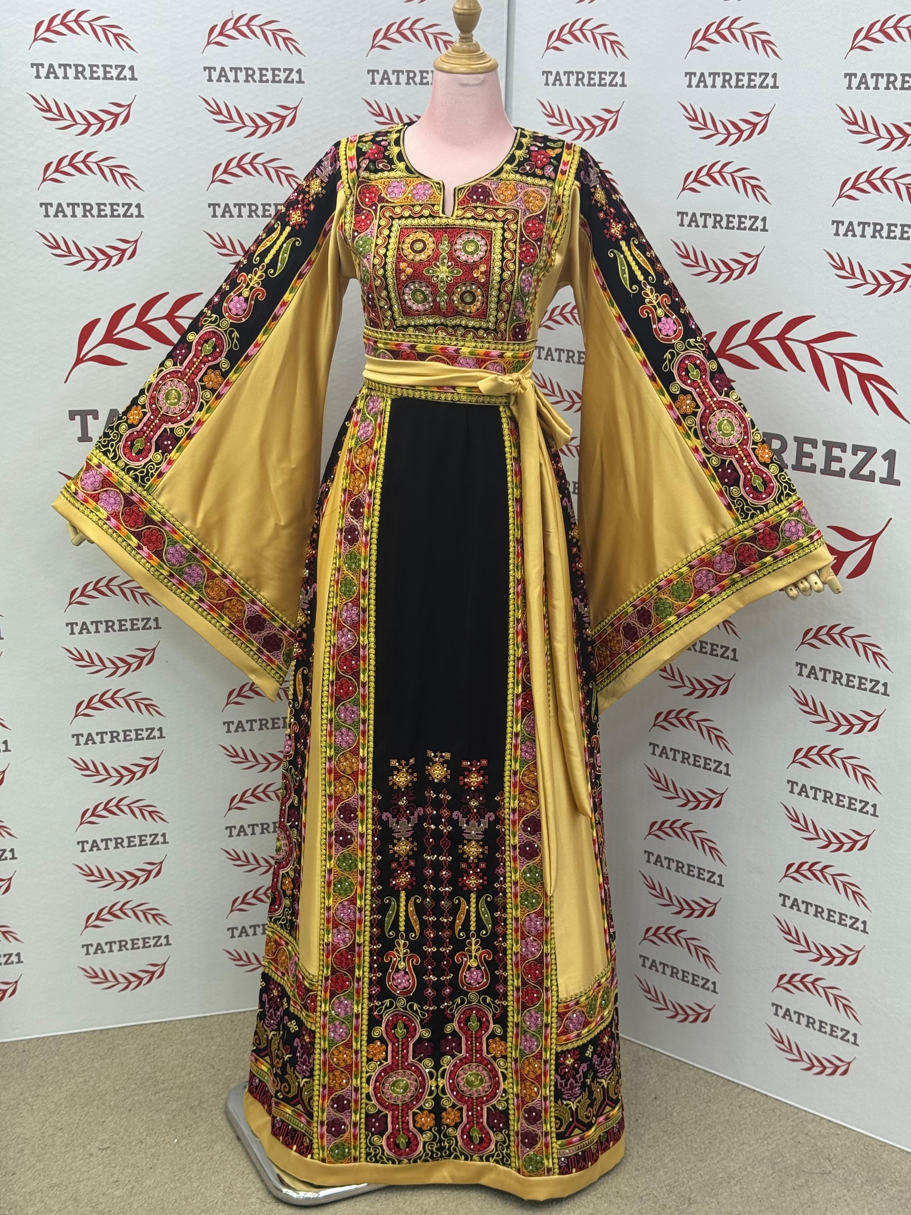 Luxury Embroidery  Golden Traditional Palestinian Thobe Machine Made
