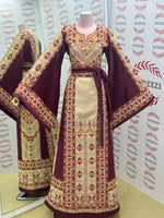 Load image into Gallery viewer, Beige Color thoub Maroon Embroidered Palestinian Fellahi Thobe With Belt
