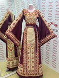Beige Color thoub Maroon Embroidered Palestinian Fellahi Thobe With Belt