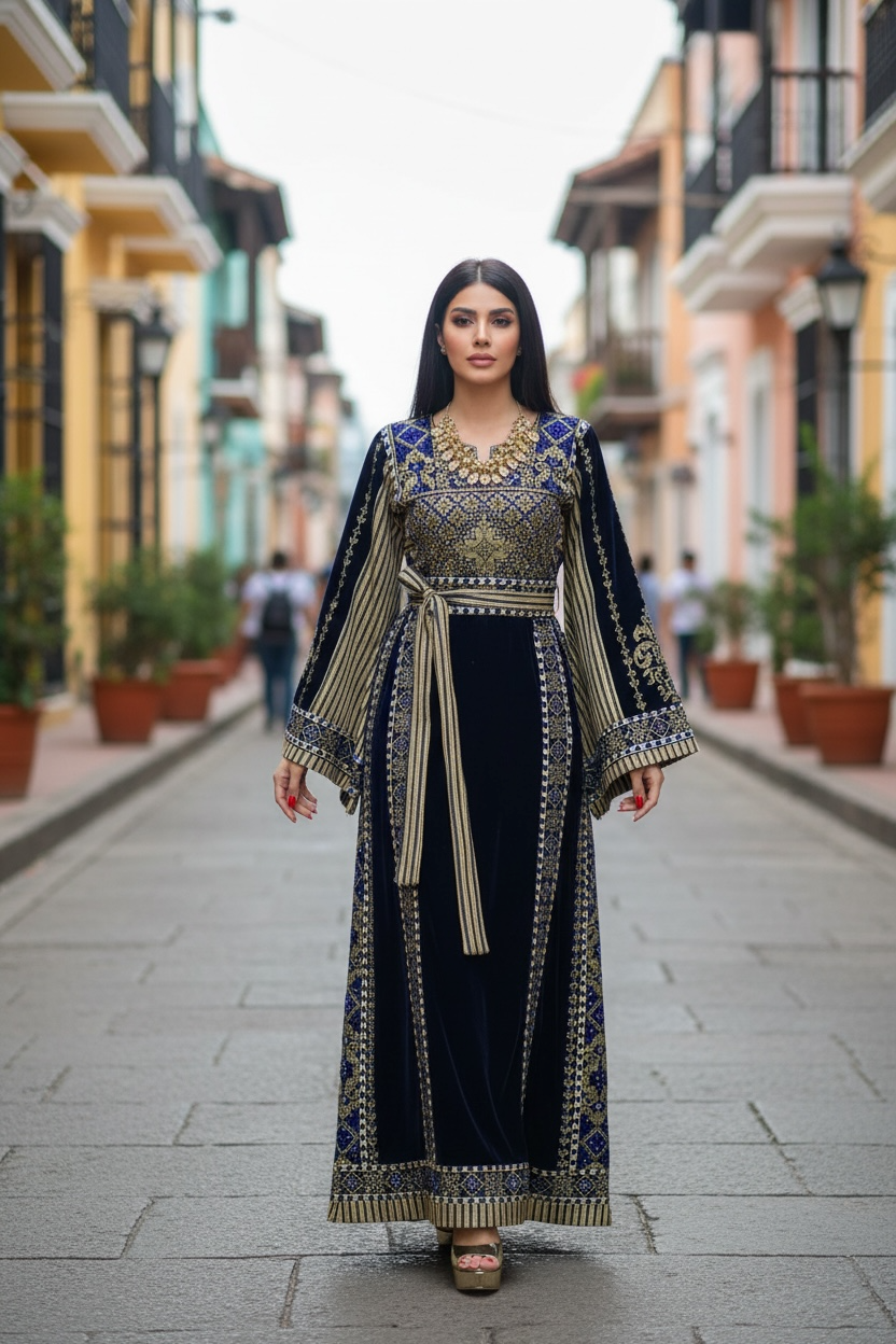 Velvet Simply Elegant Wide Sleeve Thoub Blue Embroidered Palestinian Thobe