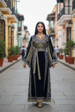 Load image into Gallery viewer, Velvet Simply Elegant Wide Sleeve Thoub Blue Embroidered Palestinian Thobe
