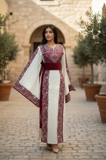 Load image into Gallery viewer, Wide Sleeve Thoub Red Embroidered Palestinian Thobe With Satin Belt
