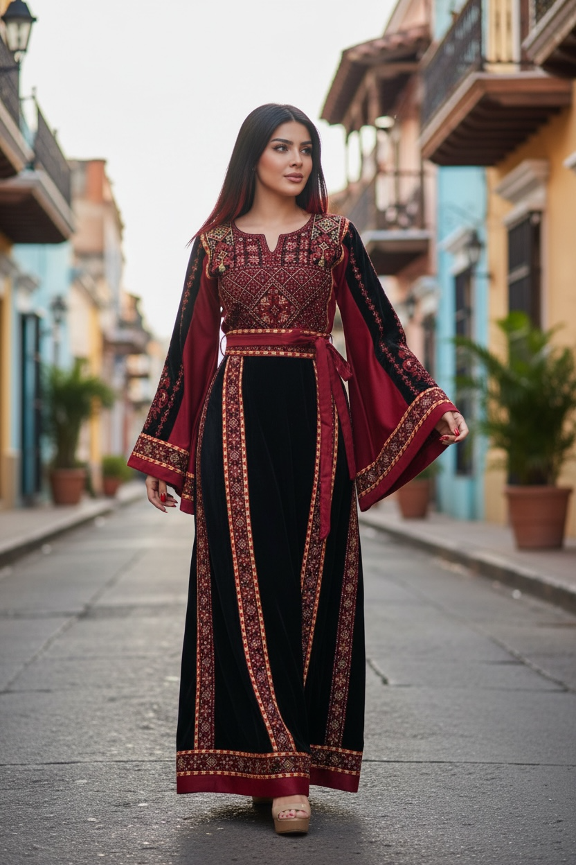 Velvet Simply Elegant Wide Sleeve Thoub Red Embroidered Palestinian Thobe