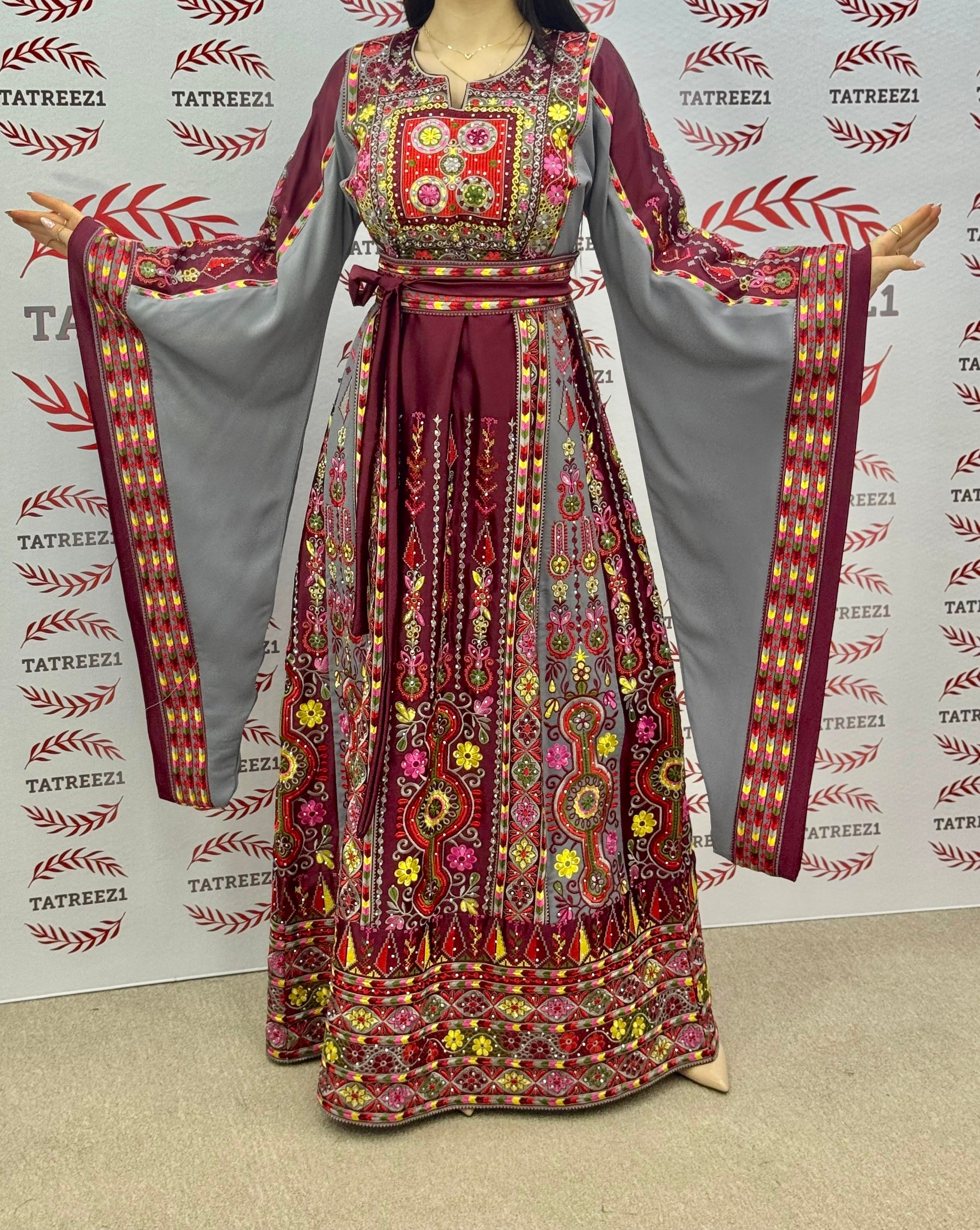 Gray Embroidery Traditional Palestinian Thobe Machine Made